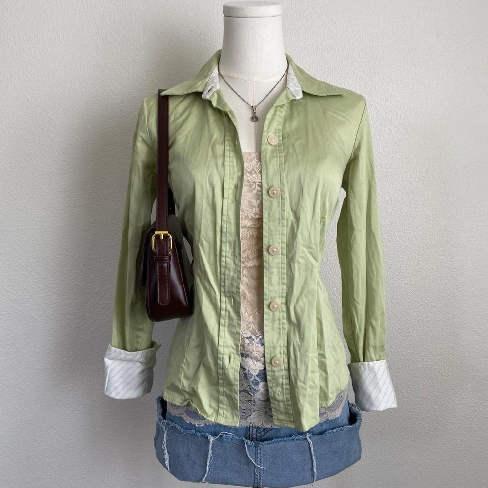 Vintage Y2K Old Navy 2005 Green Stretch Fitted Button Up Shirt Blouse